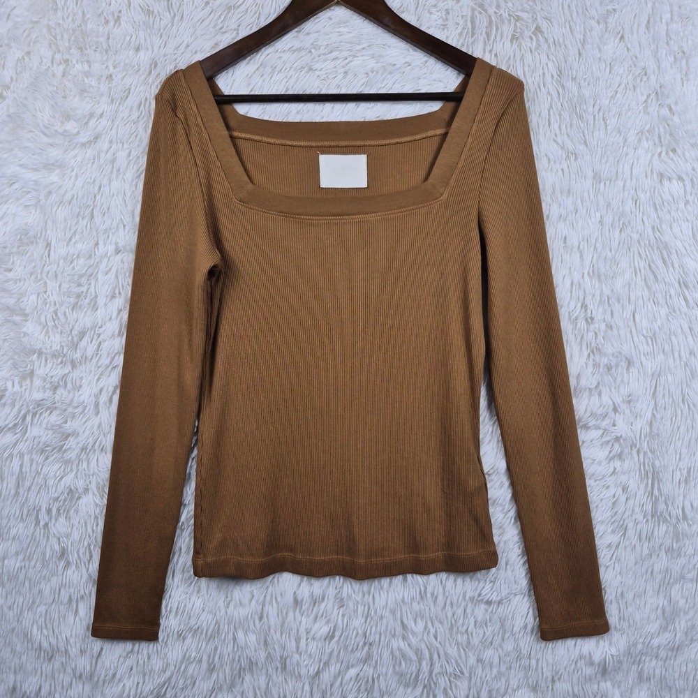 Citizens of Humanity Marisol Square Neck Ribbed Long Sleeve Tee Top Brown XL